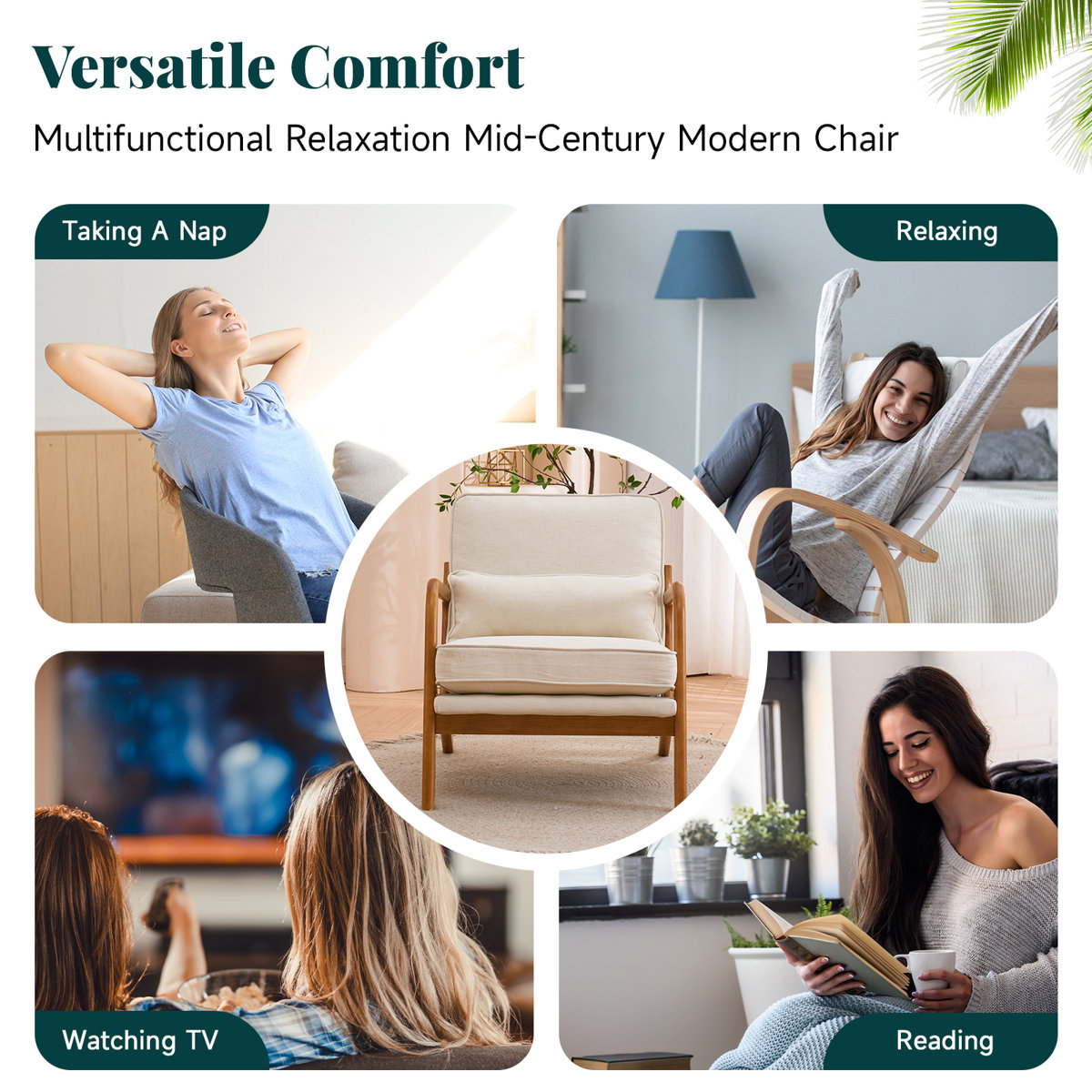 Lemley Mid Century Solid Wood Accent Chair Upholstered Armchair with an Extra Pillow